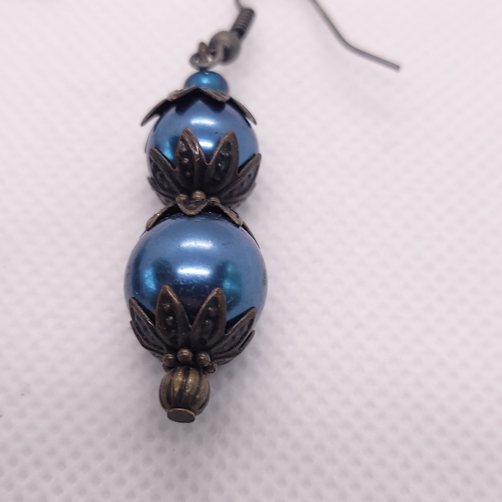 Blue Pearl Bead Antiqued Bronze Leaf Cap Boho Maximalist Dangle Earrings